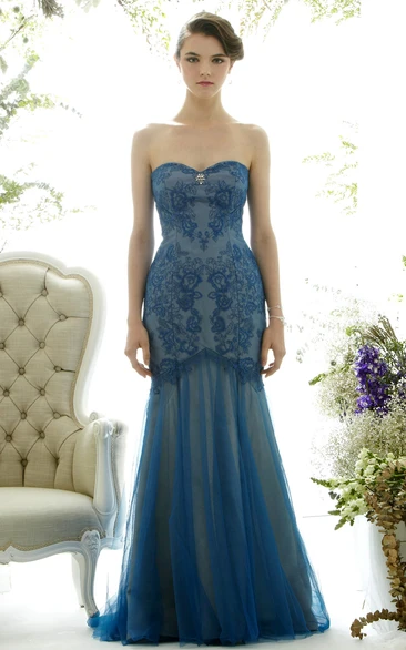 Trumpet Sweetheart Broach Sleeveless Long Lace&Tulle Prom Dress With Backless Style