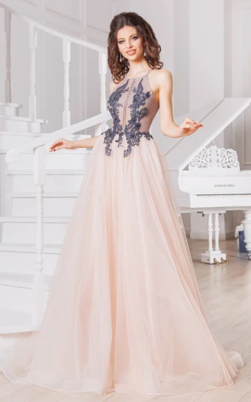 Applique Tulle Evening Dress with Bateau Neckline High-end A-Line Bridesmaid Dress