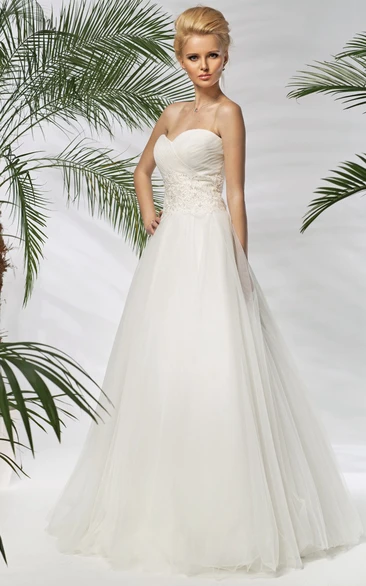 A-Line Sleeveless Sweetheart Floor-Length Criss-Cross Tulle Wedding Dress With Beading