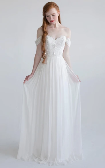 Sheath Off-The-Shoulder Chiffon Wedding Dress With Beading And Backless Design