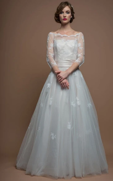 A-Line 3-4-Sleeve Appliqued Floor-Length Bateau-Neck Tulle Wedding Dress