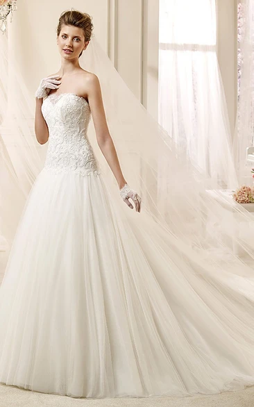 Simple Strapless A-line Wedding Dress with Lace Bodice and Brush Train