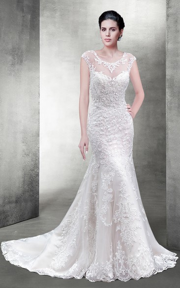 Delicate Scoop Neck Lace Wedding Dress With Illusion Back