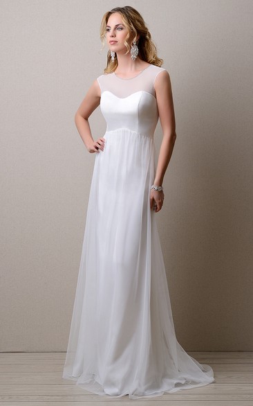 Jewel Neck Illusion Top Sleeveless Tulle Gown Featuring Keyhole Back