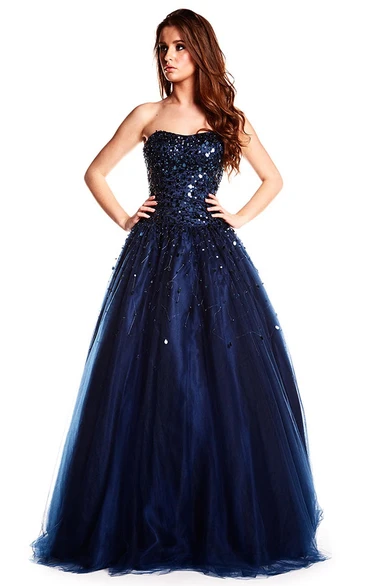 Maxi Strapless Beaded Tulle Prom Dress With Sequins And Corset Back