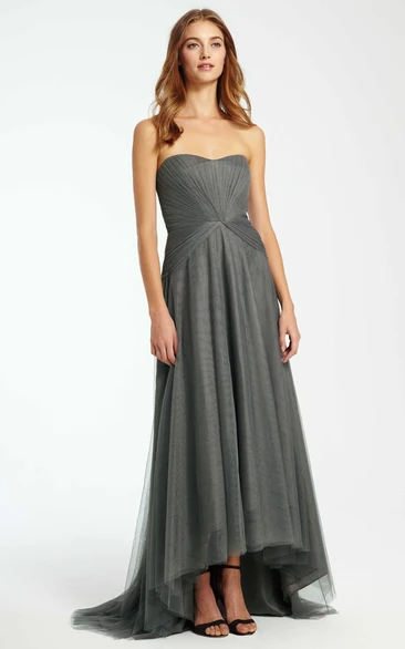 High-Low Strapless Ruched Tulle Bridesmaid Dress With Brush Train