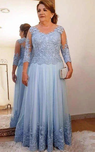 Ethereal 3/4 Length Sleeve Floor-length Lace A Line Mother of the Bride Dress with Appliques