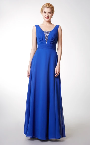 Deep-v Back Style Sleeveless Chiffon Gown With Beading