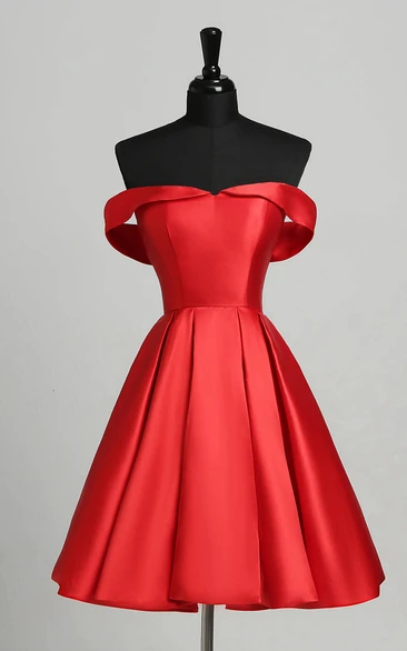 Satin A-Line Off-the-shoulder Elegant Romantic Sleeveless Short Mini Open Back Zipper Dress