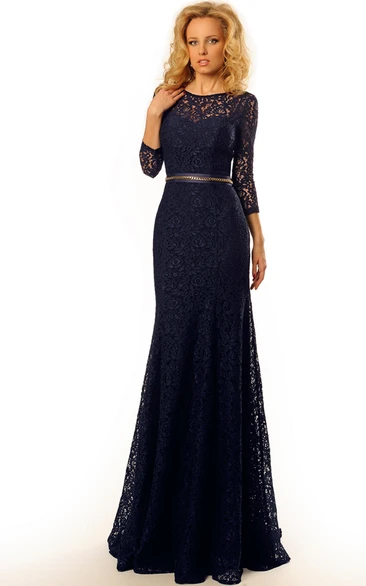Sheath Jeweled Scoop-Neck Long-Sleeve Floor-Length Lace Prom Dress With Bow