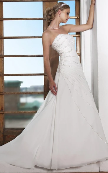 Sheath Strapless Floor-Length Beaded Chiffon Wedding Dress With Ruching And Corset Back