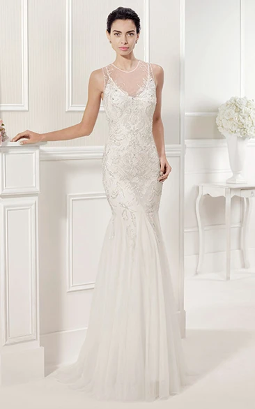 Jewel Neckline Sheath Tulle Bridal Gown With Embroidery And Crystals