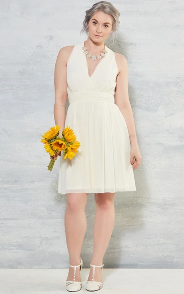 V-Neck Knee-Length Sleeveless Chiffon Wedding Dress With Ruching And Zipper