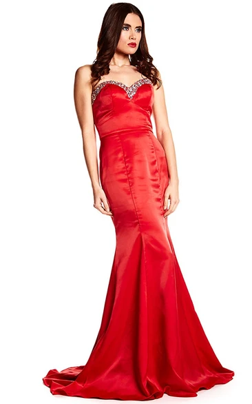 Trumpet Beaded Sweetheart Long Sleeveless Satin Prom Dress With Backless Style And Brush Train