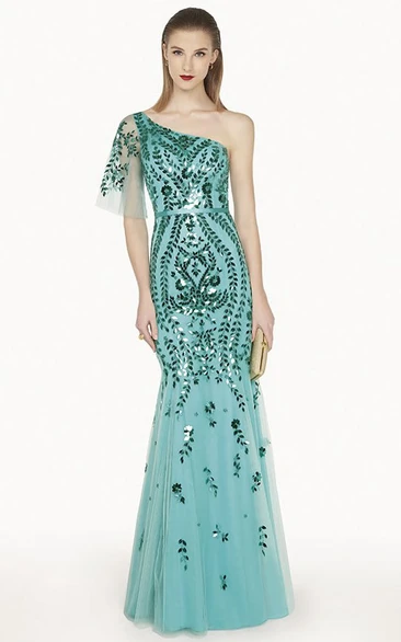 Trumpet Tulle Long Prom Dress With Sequins And Single Strap Single Half Sleeve