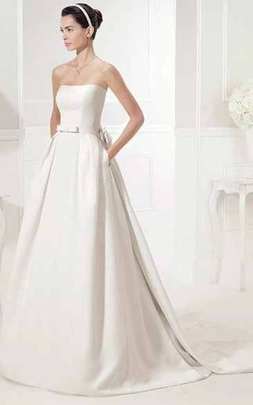 Strapless A-line Taffeta Bridal Gown With Flower And Bow Sash