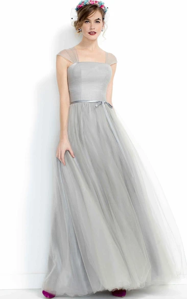 A-Line Cap Sleeve Bowed Tulle Bridesmaid Dress With Pleats