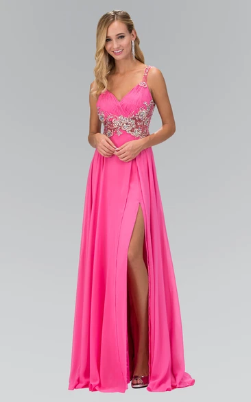 A-Line Straps Sleeveless Chiffon Low-V Back Dress With Beading And Split Front