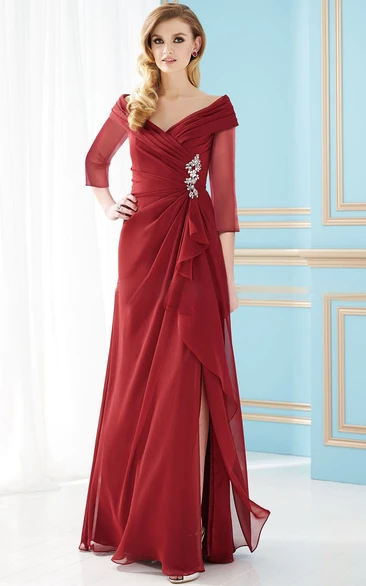 3-4 Sleeved V-Neck A-Line Mother Of The Bride Dress With Front Slit And Crystals