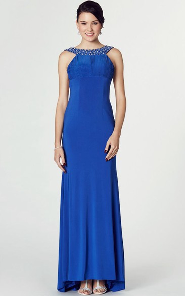High-Low Scoop Neck Beaded Sleeveless Jersey Prom Dress With Brush Train