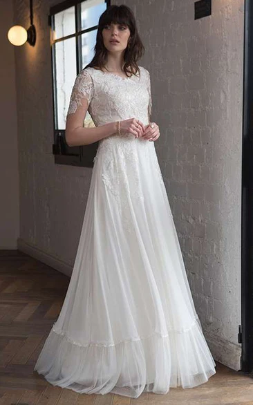 Romantic Lace A Line Floor-length Short Sleeve Bateau Wedding Dress with Appliques