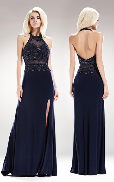 Sheath Jewel-Neck Sleeveless Jersey Backless Dress With Beading And Split Front