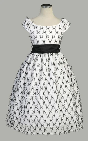Short Tiered Cap-Sleeve Tulle&Taffeta Flower Girl Dress