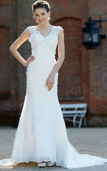 V-Neck Floor-Length Beaded Lace Wedding Dress With Court Train And V Back