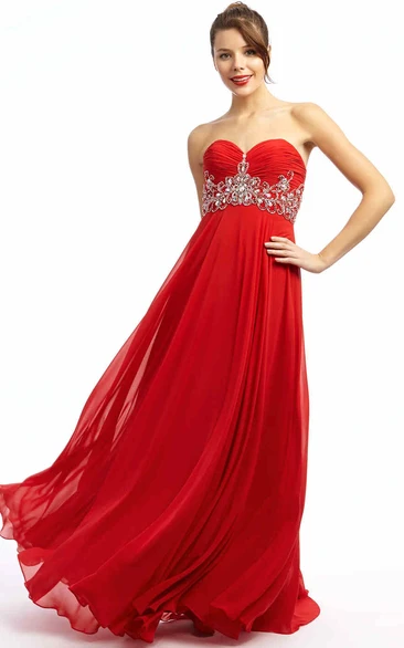 A-Line Ruched Sweetheart Sleeveless Maxi Empire Chiffon Prom Dress With Beading