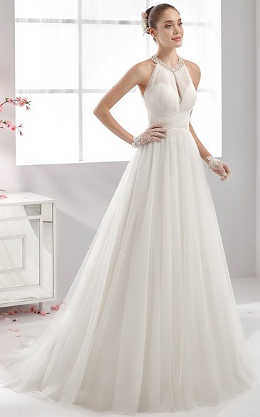 High Neck Strapless Wedding Dress With Bandage Waist and Pleated