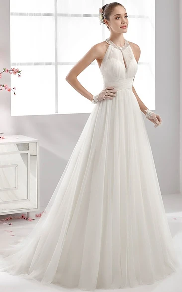 High-Neck Strapless Wedding Dress With Bandage Waist and Pleated Tulle Skirt