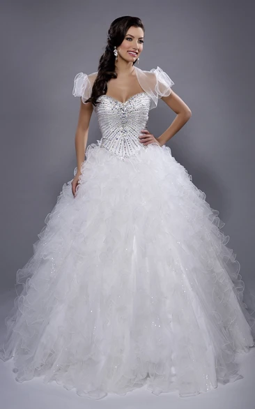 Organza Sweetheart Ball Gown With Illusion Cape And Cascading Ruffles