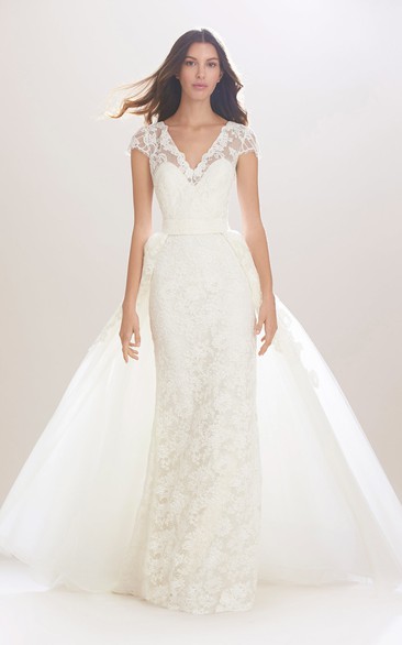 Sheath Appliqued V-Neck Cap-Sleeve Long Lace Wedding Dress With Ribbon And Illusion