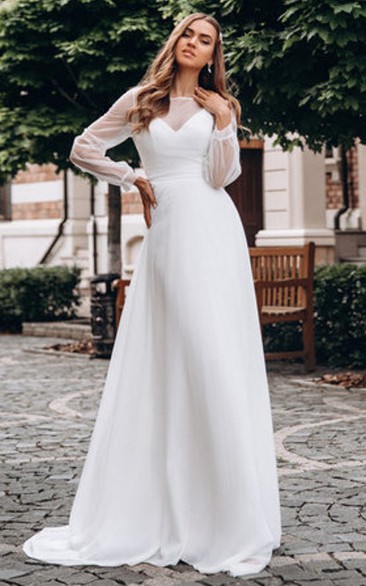 Chiffon Bateau A Line Long Sleeve Floor-length Button Wedding Dress