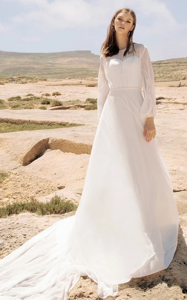 Casual Chiffon Long Sleeve Illusion A Line Poet Wedding Dress with Ruching