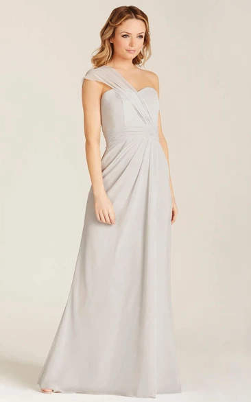 Sheath Draped Floor-Length Sleeveless One-Shoulder Chiffon Bridesmaid Dress