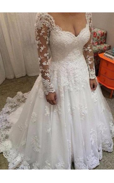 Ball Gown V-neck Lace Illusion Wedding Dress