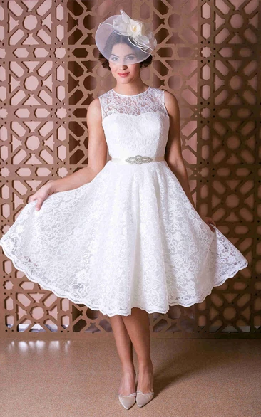 Scoop Knee-Length Jeweled Lace Wedding Dress With Bow And Illusion