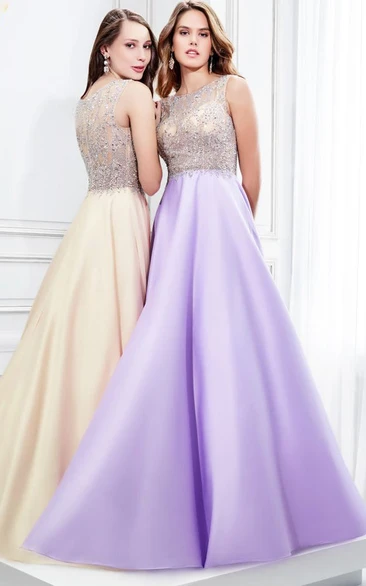 A-Line Sleeveless Scoop Neck Beaded Satin Prom Dress With Illusion Back