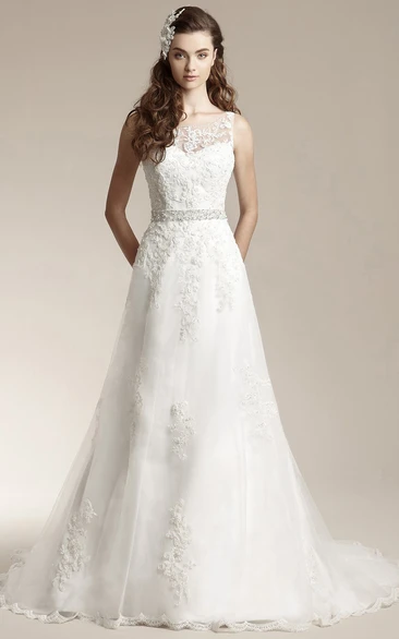Bateau-Neck A-Line Long Wedding Dress With Appliques And Low V-Back