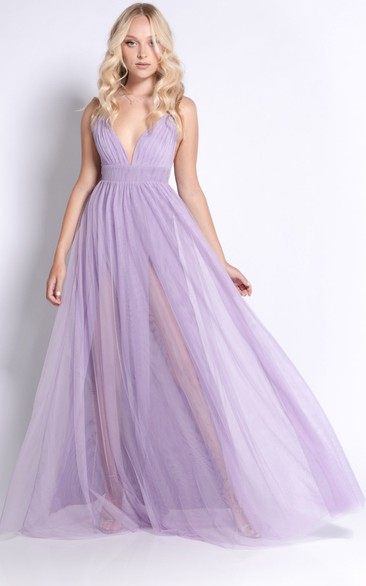 Modern A Line Tulle Floor-length Sleeveless Prom Dress with Ruching