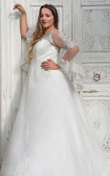 Romantic A Line Tulle Bateau Floor-Length Long Sleeve Wedding Dress With Appliques