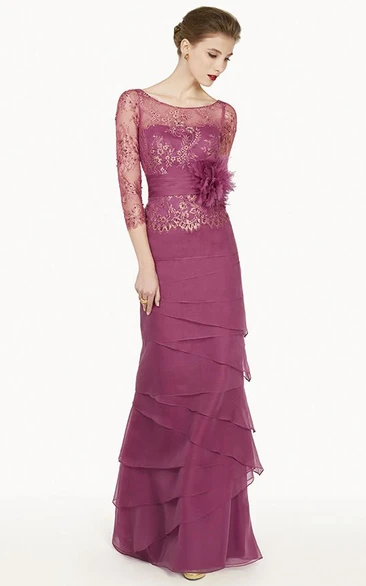 Sheath 3-4-Sleeve Floor-Length Floral Scoop-Neck Chiffon Prom Dress With Embroidery