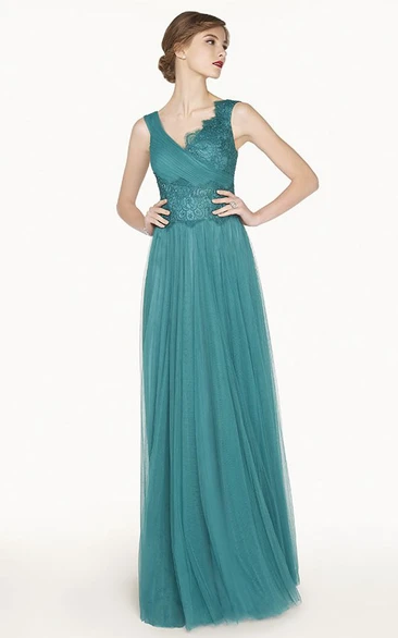 Empire V Neck A-Line Tulle Long Prom Dress With Half-Tulle-Half-Lace Bodice