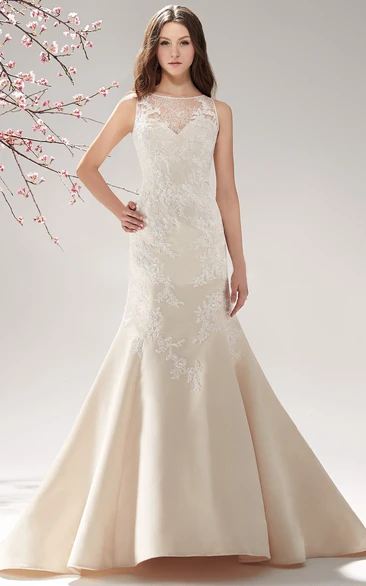 Sleeveless Bateau-Neck Trumpet Gown With Illusion Neck And Appliques