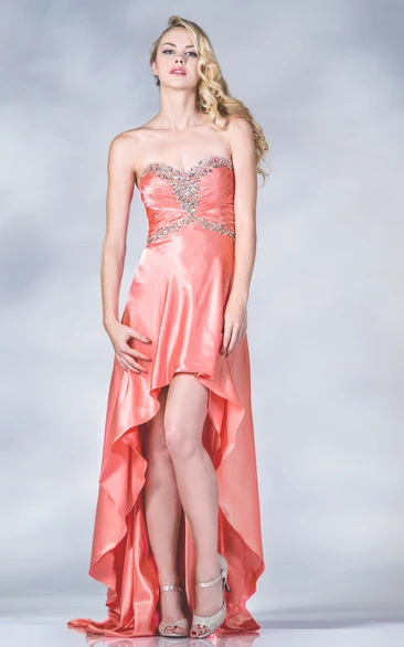 A-Line High-Low Sweetheart Sleeveless Satin Dress With Beading And Ruching