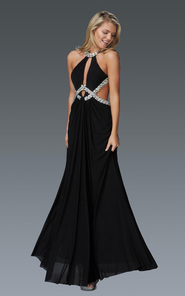 A-Line Scoop-Neck Sleeveless Chiffon Straps Dress With Beading And Pleats