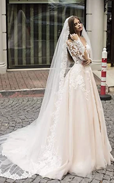 Romantic Lace V-neck A-Line Wedding Dress Garden Bride Elegant Sleeves Appliques