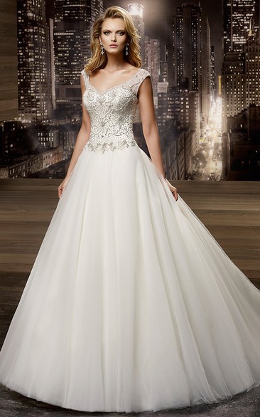 V-Neck A-Line Brush-Train Bridal Gown With Beaded Bodice And Cap Sleeves