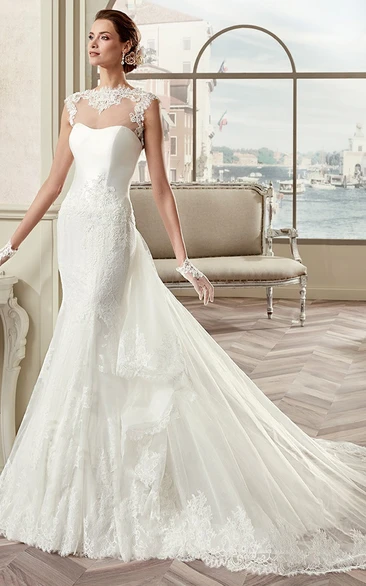 Cap Sleeve Sheath Mermaid Bridal Gown With Illusive Design And Detachable Train